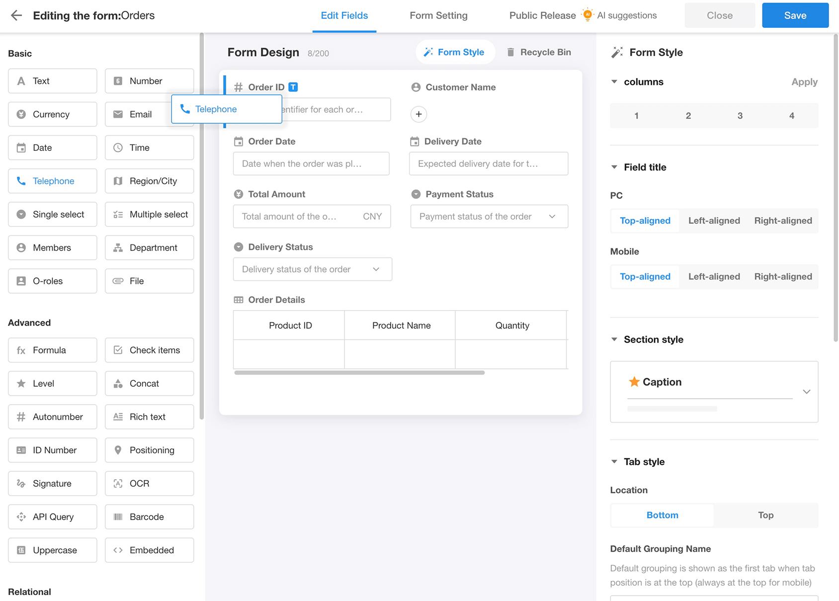 Visual Form Builder — Nocoly HAP platform screenshot