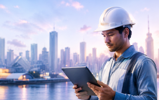 Operational Excellence — engineer with tablet at industrial site